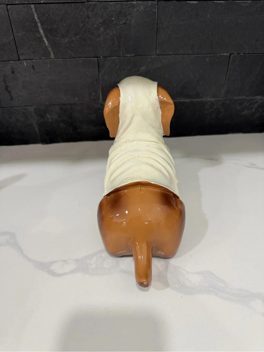 Halloween Dog Statue Figurine in White and Brown with Pumpkin Bucket